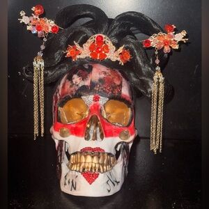 Decorative Geisha Themed Skull with Red and Gold Accents